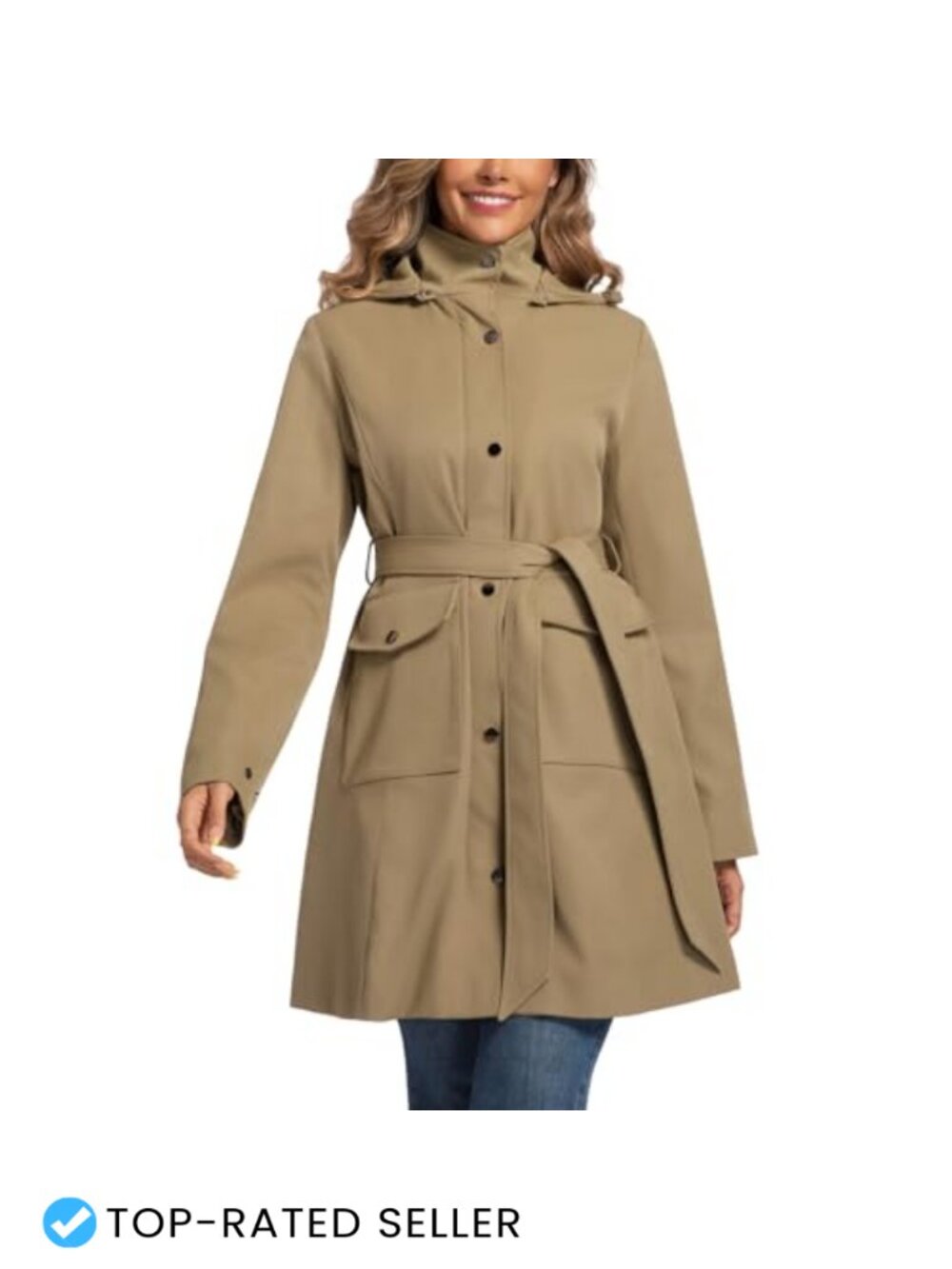 Water Resistant Trench Coat with Detachable Hood & Belt Pockets